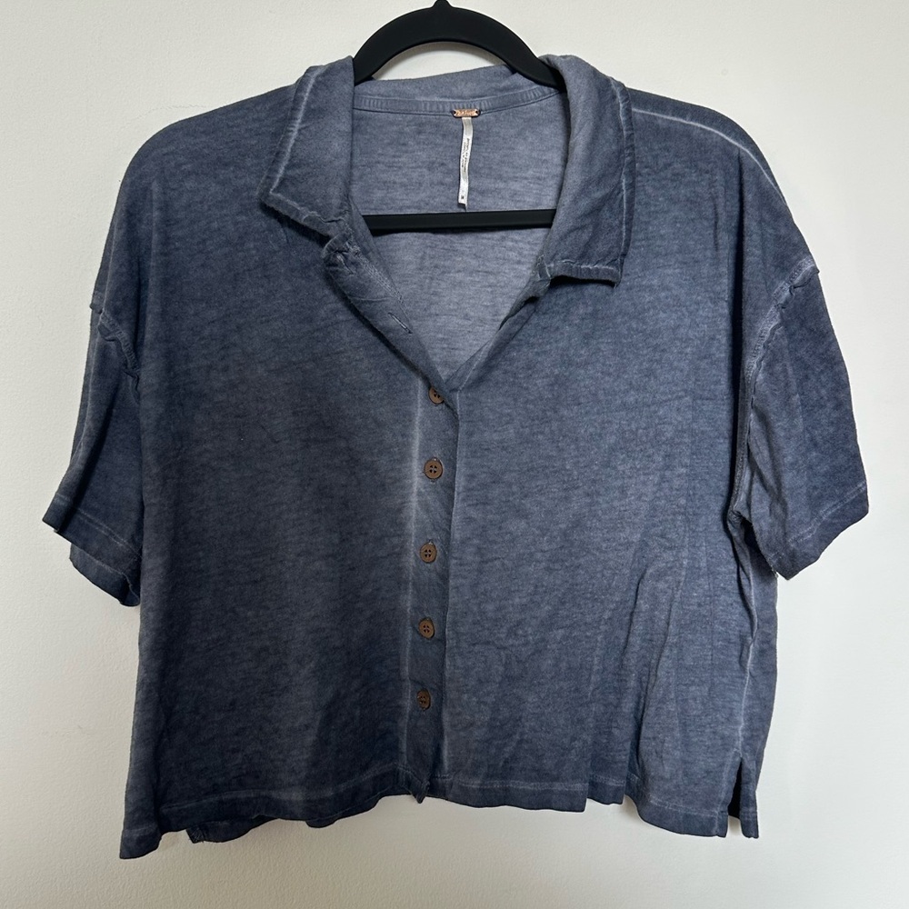 Free People Blue Washed Button-Down Crop Top